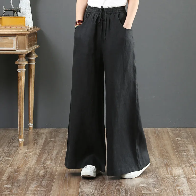 Korea Art Cotton Blend Loose Plus Size Wide Leg Pants High Waist Floor Length Straight Long Line Women Pants