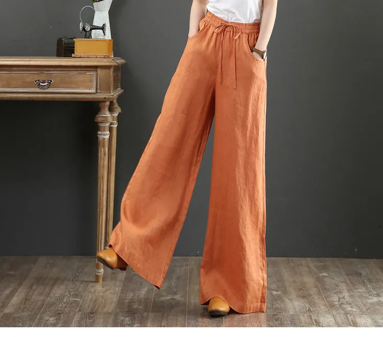Korea Art Cotton Blend Loose Plus Size Wide Leg Pants High Waist Floor Length Straight Long Line Women Pants