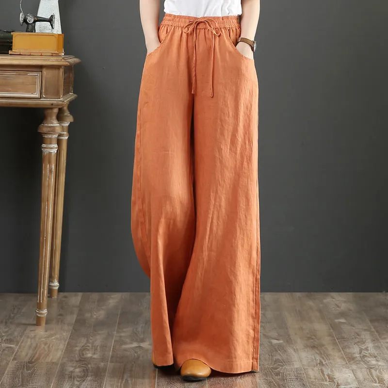 Korea Art Cotton Blend Loose Plus Size Wide Leg Pants High Waist Floor Length Straight Long Line Women Pants