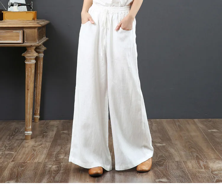 Korea Art Cotton Blend Loose Plus Size Wide Leg Pants High Waist Floor Length Straight Long Line Women Pants