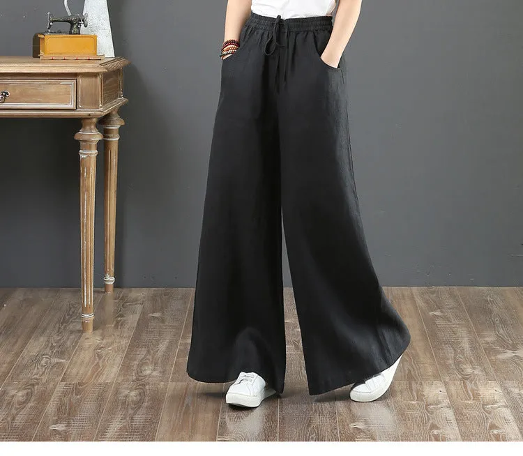 Korea Art Cotton Blend Loose Plus Size Wide Leg Pants High Waist Floor Length Straight Long Line Women Pants