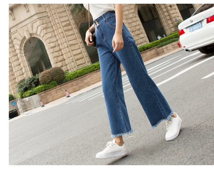 Korean High Waist Wide Leg Denim Pants Women Ankle-Length Pants Straight Loose Slim Look Pants