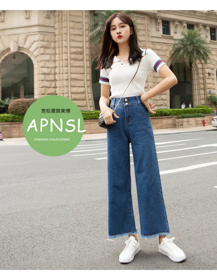 Korean High Waist Wide Leg Denim Pants Women Ankle-Length Pants Straight Loose Slim Look Pants