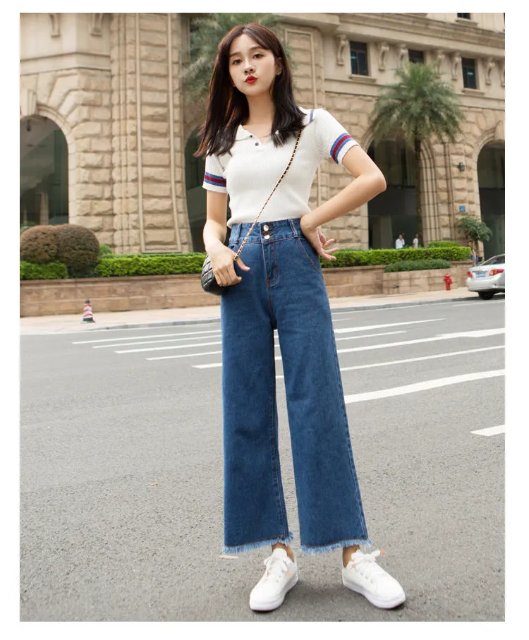 Korean High Waist Wide Leg Denim Pants Women Ankle-Length Pants Straight Loose Slim Look Pants