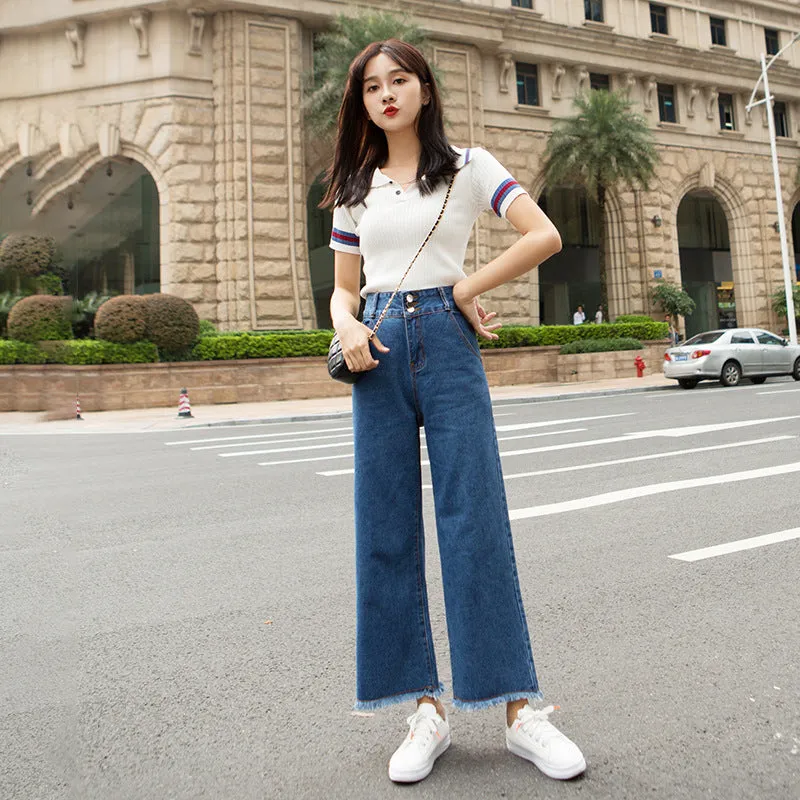 Korean High Waist Wide Leg Denim Pants Women Ankle-Length Pants Straight Loose Slim Look Pants