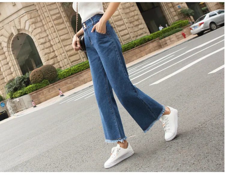 Korean High Waist Wide Leg Denim Pants Women Ankle-Length Pants Straight Loose Slim Look Pants