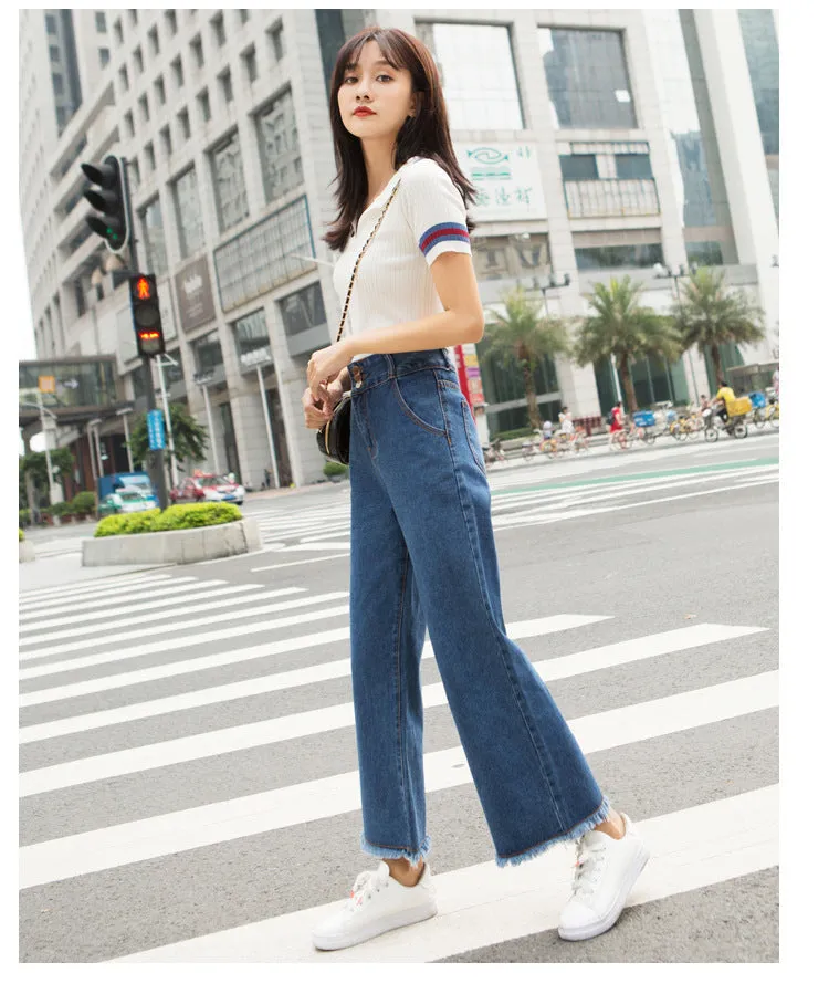 Korean High Waist Wide Leg Denim Pants Women Ankle-Length Pants Straight Loose Slim Look Pants