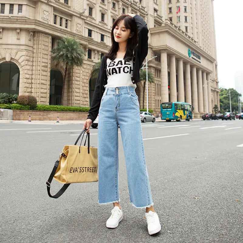 Korean High Waist Wide Leg Denim Pants Women Ankle-Length Pants Straight Loose Slim Look Pants
