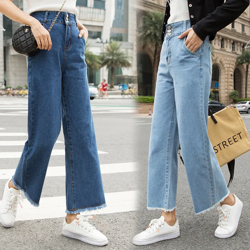 Korean High Waist Wide Leg Denim Pants Women Ankle-Length Pants Straight Loose Slim Look Pants