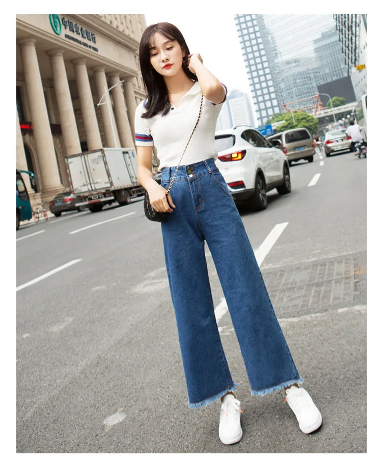 Korean High Waist Wide Leg Denim Pants Women Ankle-Length Pants Straight Loose Slim Look Pants