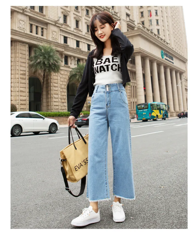 Korean High Waist Wide Leg Denim Pants Women Ankle-Length Pants Straight Loose Slim Look Pants