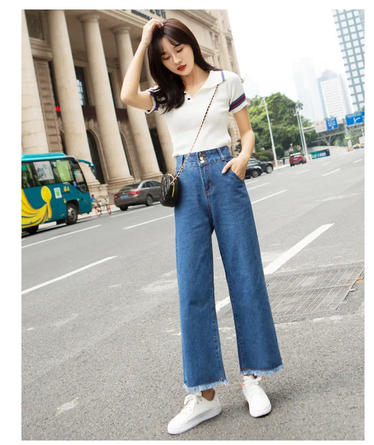 Korean High Waist Wide Leg Denim Pants Women Ankle-Length Pants Straight Loose Slim Look Pants