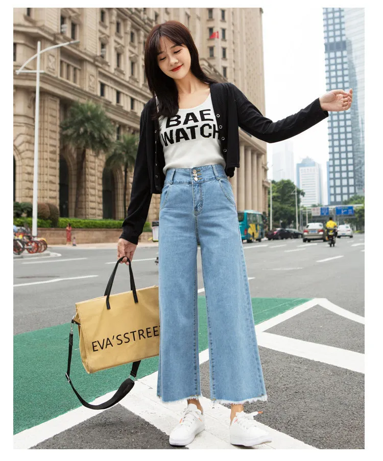 Korean High Waist Wide Leg Denim Pants Women Ankle-Length Pants Straight Loose Slim Look Pants