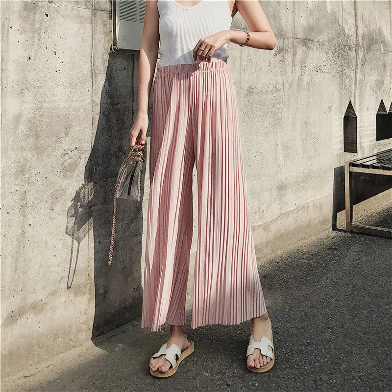 Korean Summer High Waist Pleated Chiffon Wide Leg Pants Women Student Hong Kong Loose Pants