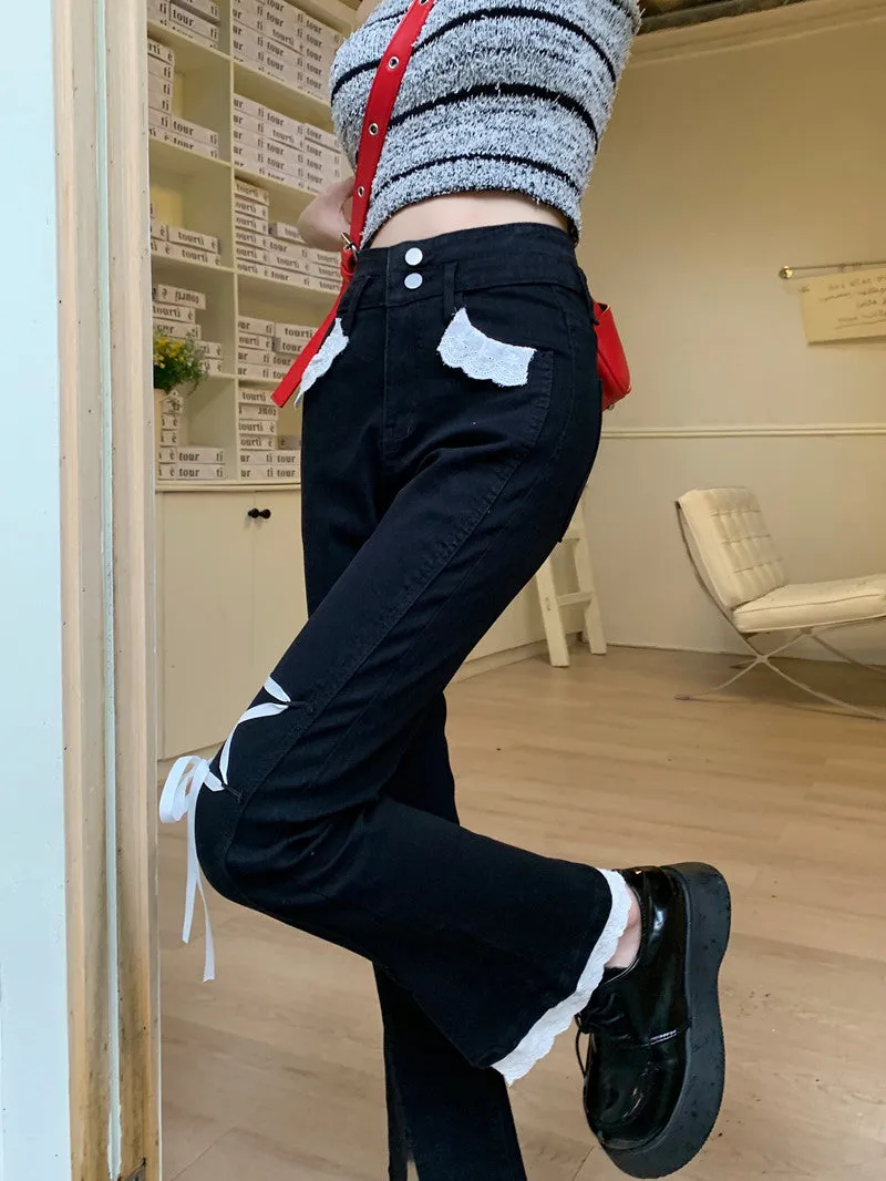 Lace Ribbon Blue & Black High Waist Denim Jeans