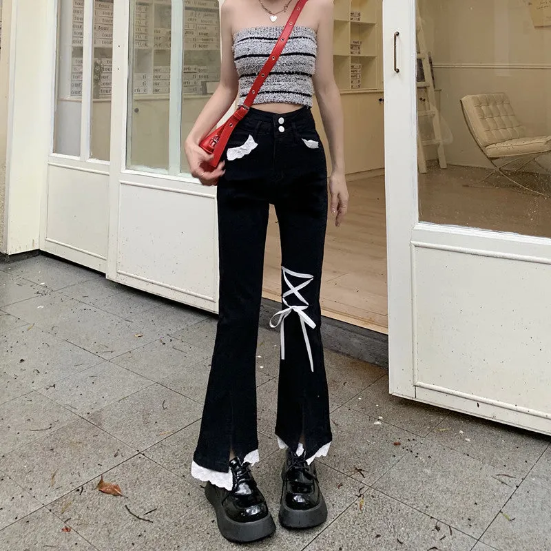 Lace Ribbon Blue & Black High Waist Denim Jeans