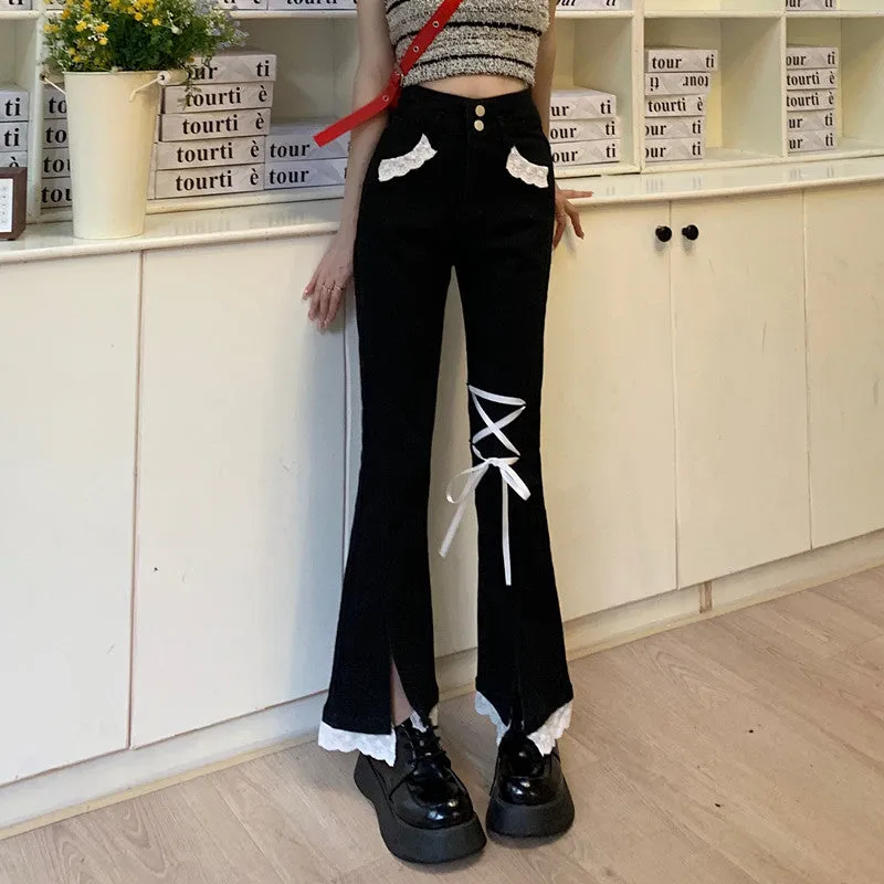 Lace Ribbon Blue & Black High Waist Denim Jeans