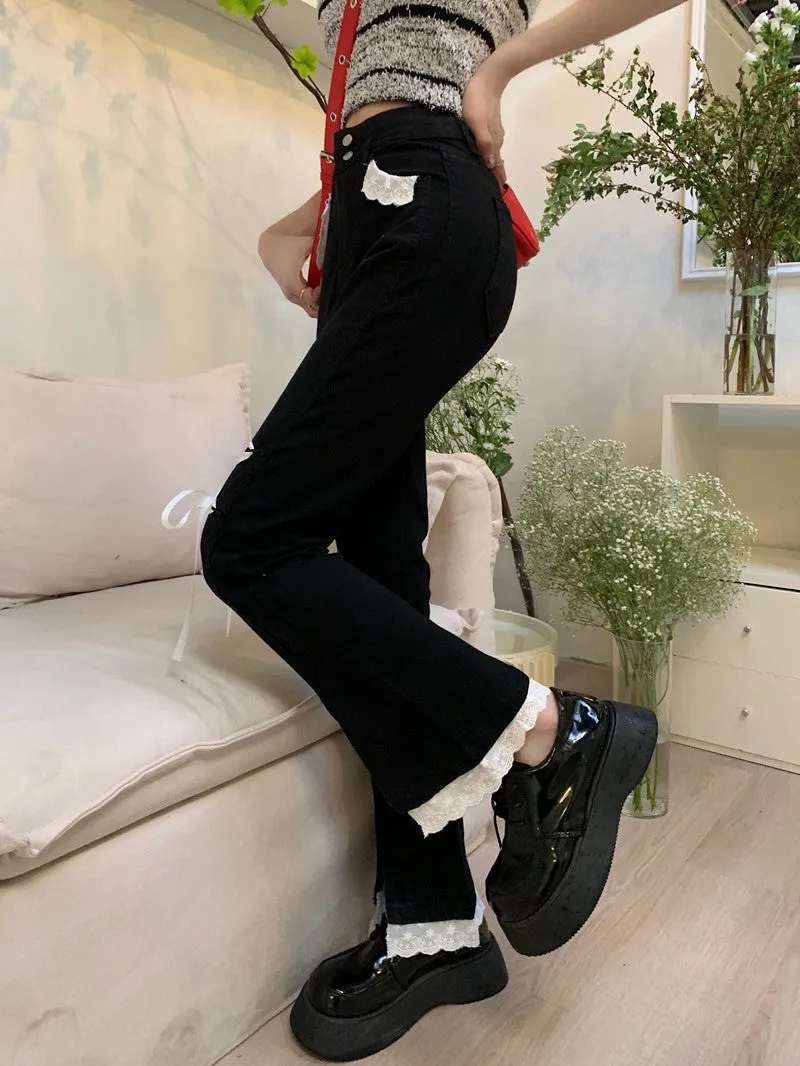 Lace Ribbon Blue & Black High Waist Denim Jeans