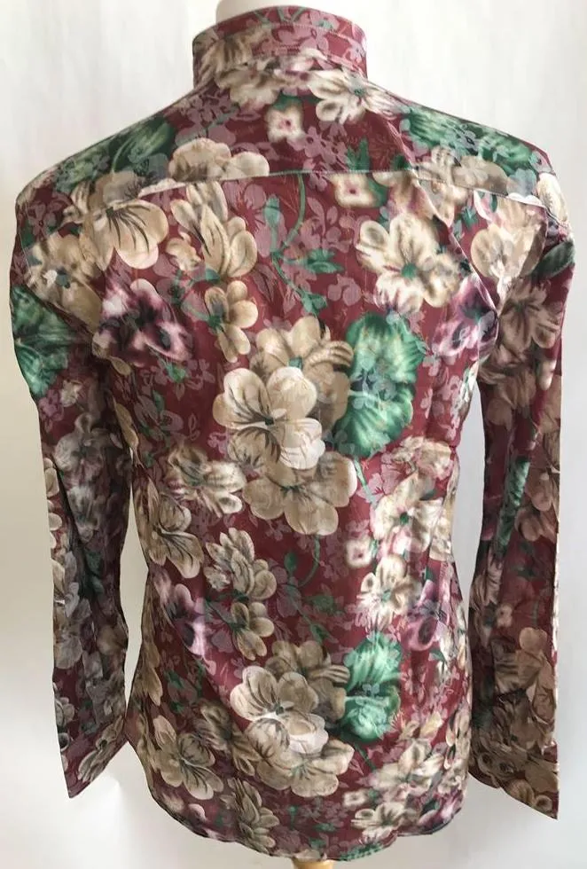 Lanzzino Floral Print Long Sleeves Casual Burgundy Shirt