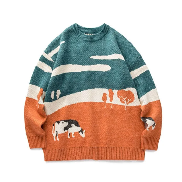 LAPPSTER- Kühe Vintage   Pullover  O-Ausschnitt Koreanische Mode Casual