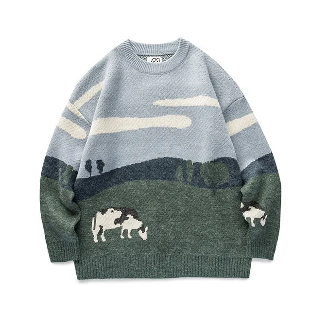 LAPPSTER- Kühe Vintage   Pullover  O-Ausschnitt Koreanische Mode Casual