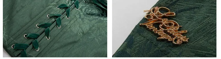 Le Palais Vintage original emerald elegant vintage fishbone strap puff sleeve skirt suit - Carin
