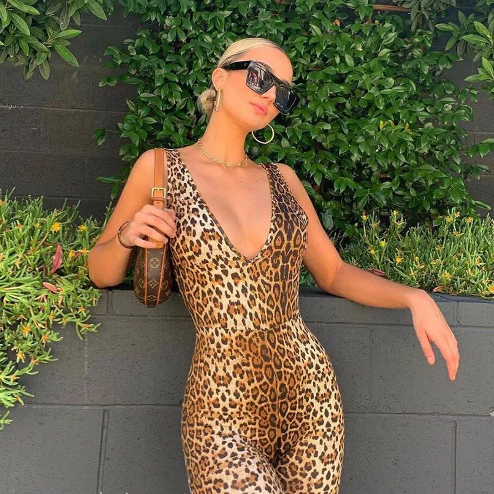 Leopard Print Long Sleeve Off Shoulder Stretchy Soft Jumpsuit