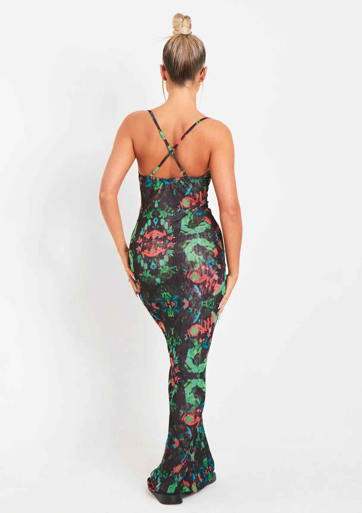 Marty Black Abstract Printed Mesh Cowl Neck Maxi Dress