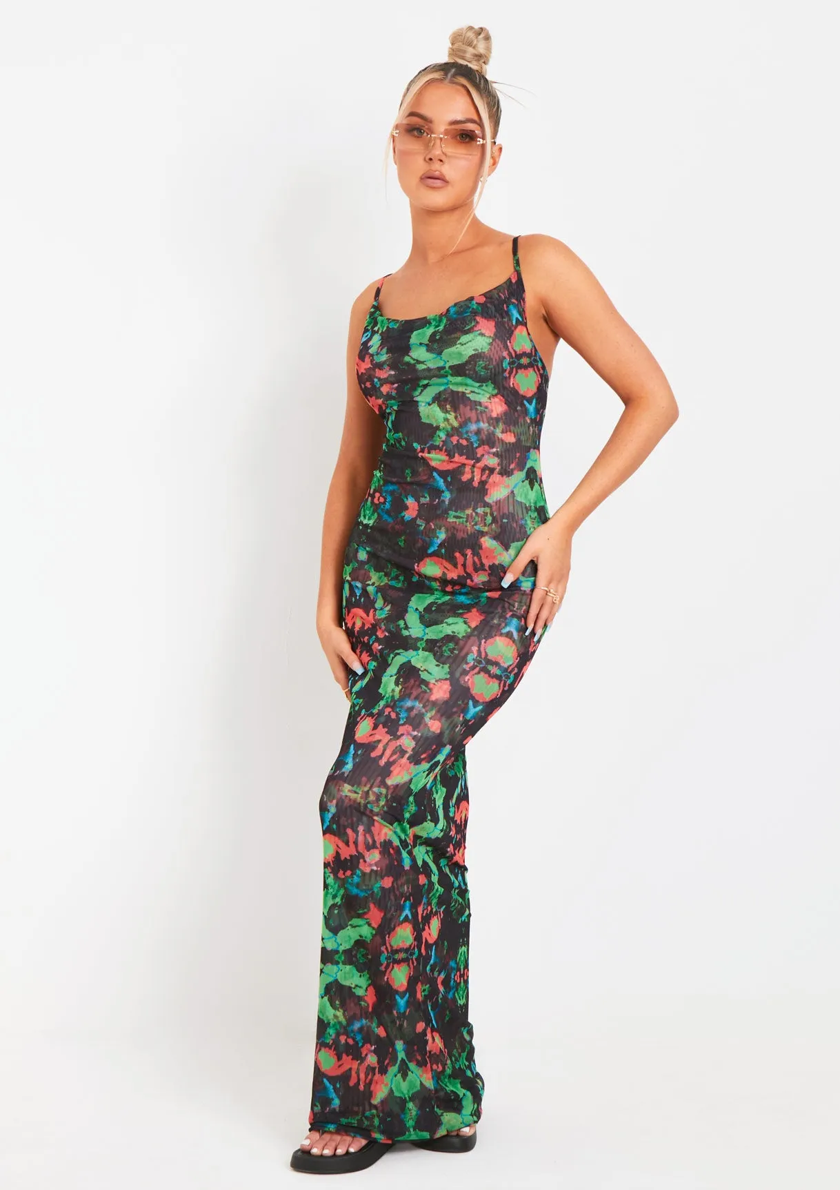 Marty Black Abstract Printed Mesh Cowl Neck Maxi Dress