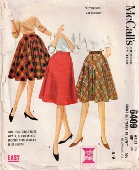 McCall's 6409 Womens Set Of Skirts Including Classic Circle Skirt 1960s Vintage Sewing Pattern Waist 26 inches