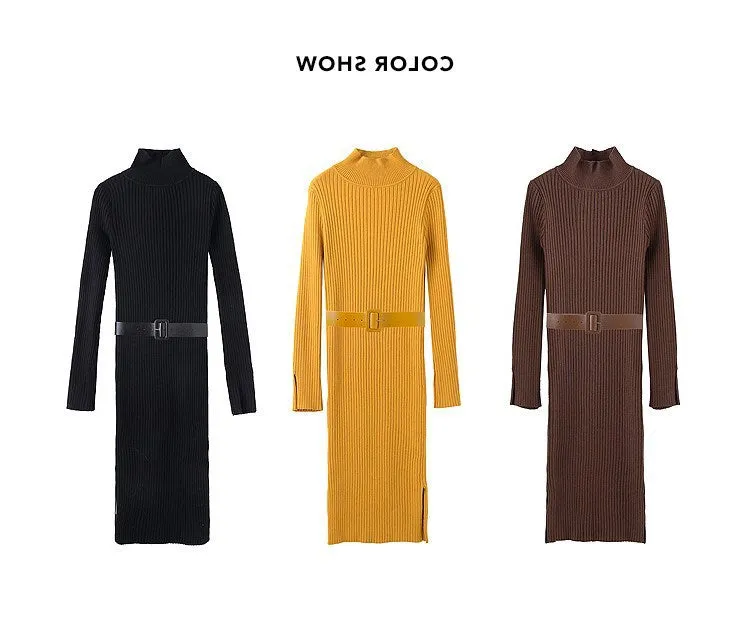 Medium And Long Knitted Slim Bottomed Sweater Dress (free belt)