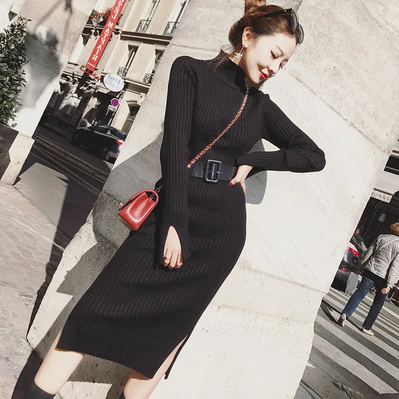Medium And Long Knitted Slim Bottomed Sweater Dress (free belt)