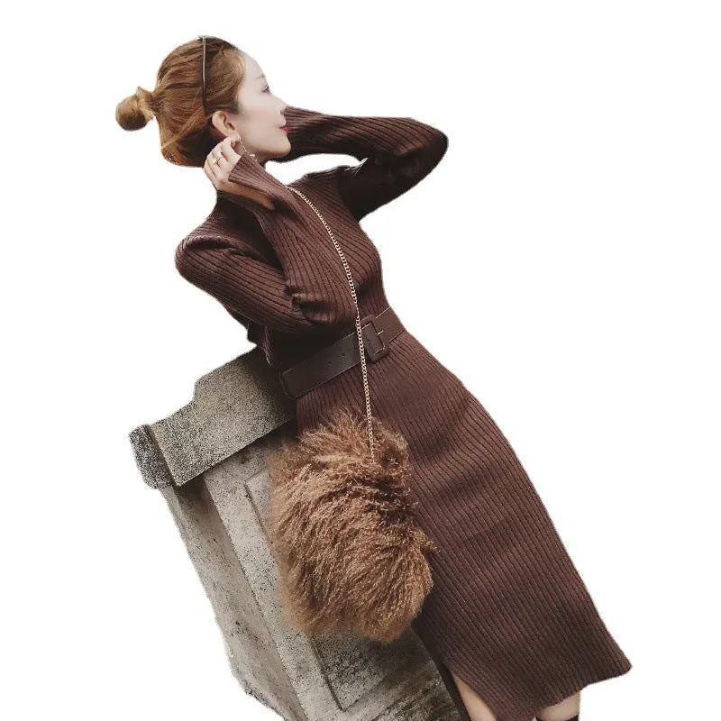 Medium And Long Knitted Slim Bottomed Sweater Dress (free belt)