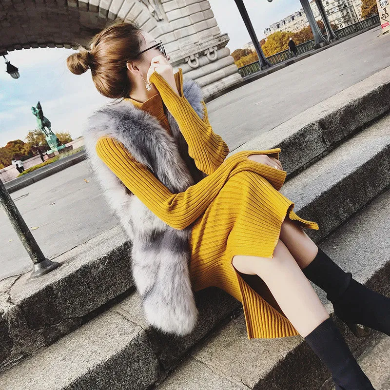 Medium And Long Knitted Slim Bottomed Sweater Dress (free belt)