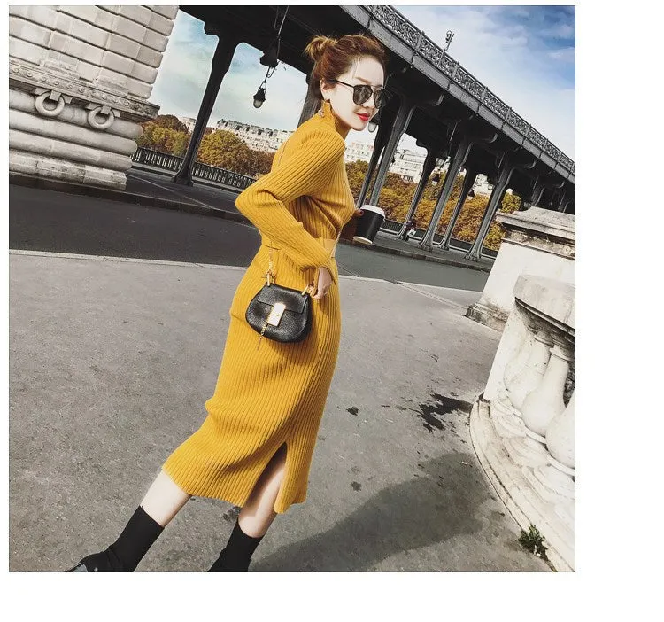 Medium And Long Knitted Slim Bottomed Sweater Dress (free belt)
