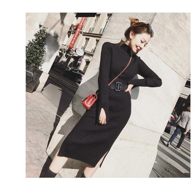 Medium And Long Knitted Slim Bottomed Sweater Dress (free belt)