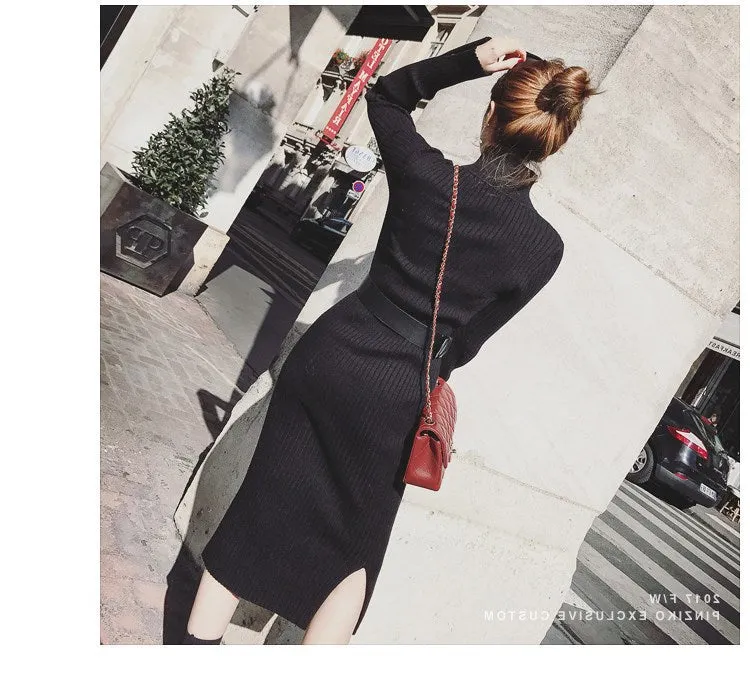Medium And Long Knitted Slim Bottomed Sweater Dress (free belt)