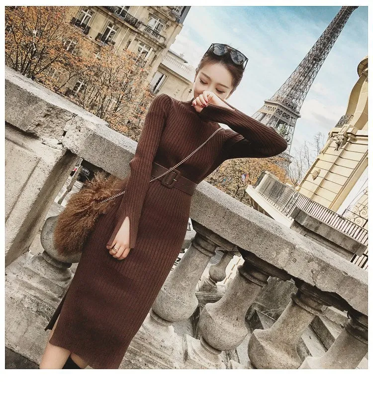 Medium And Long Knitted Slim Bottomed Sweater Dress (free belt)