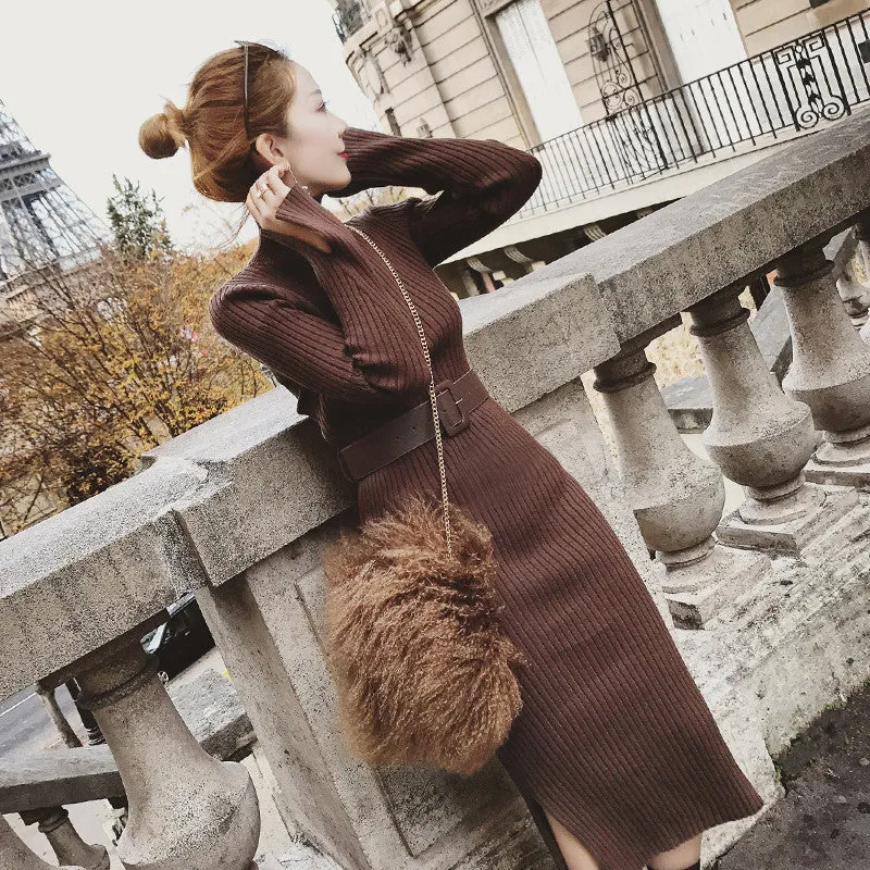 Medium And Long Knitted Slim Bottomed Sweater Dress (free belt)