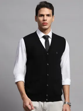 Men Black Solid V Neck Sleeveless Cardigan