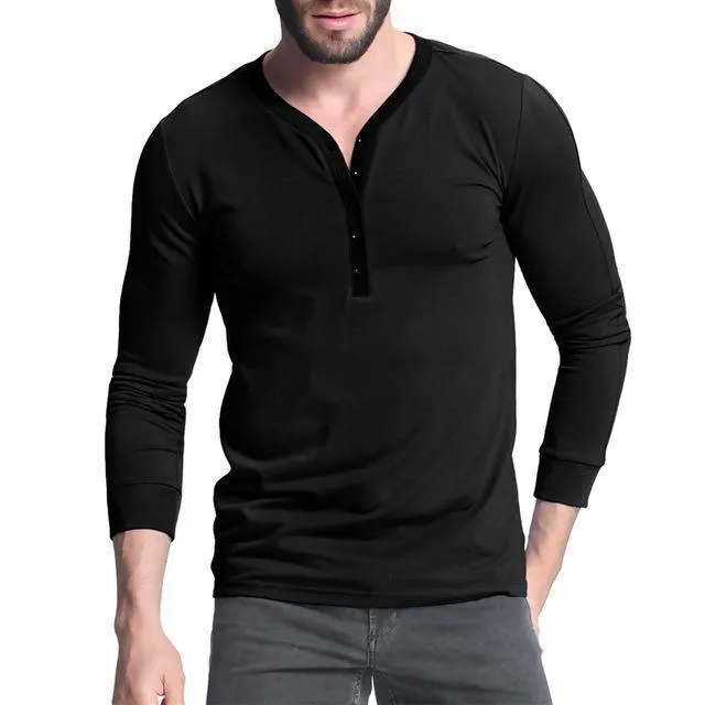 Mens Fashion Slim Fit Plain T-shirt Long Sleeve V Neck