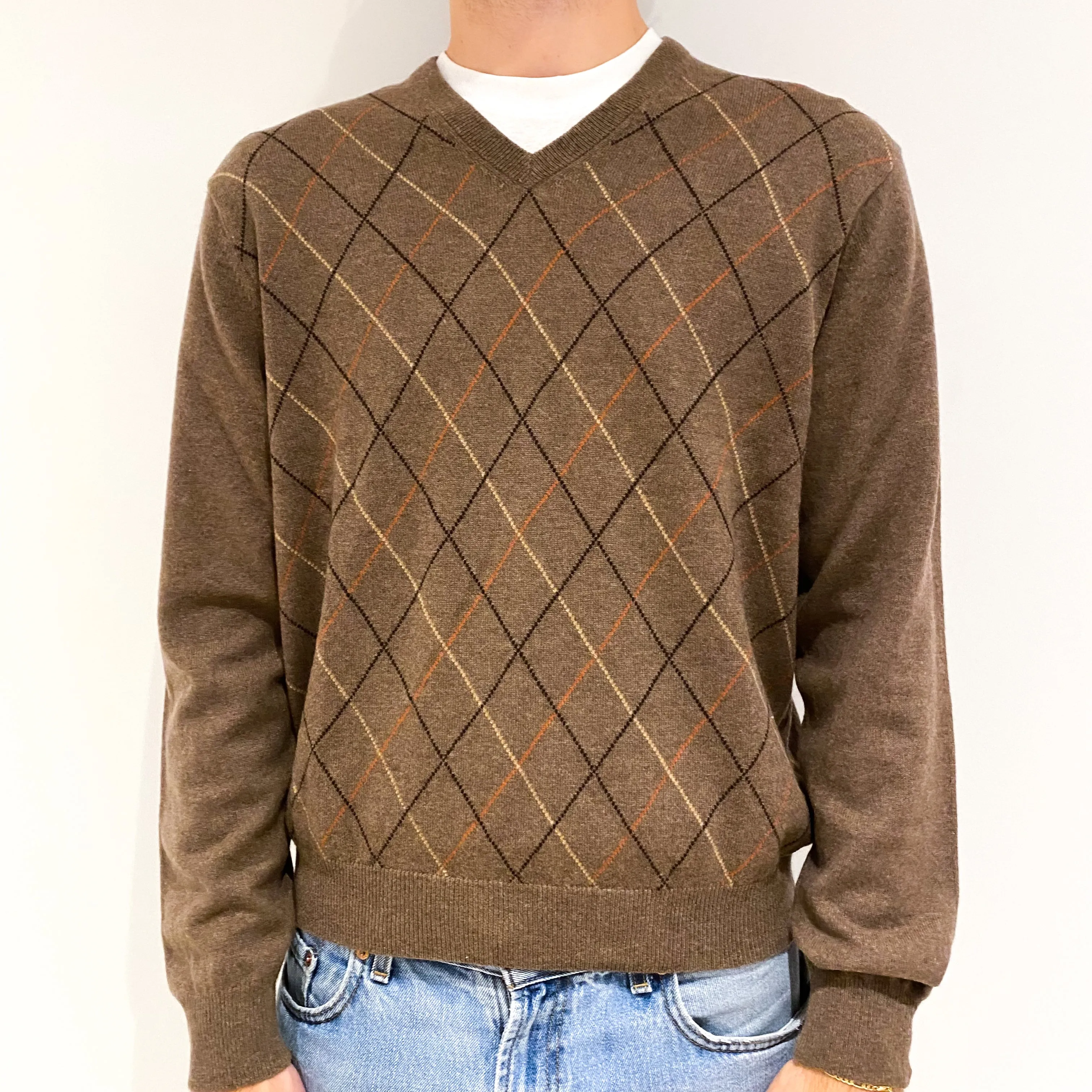 Men's Mocha Brown Diamond Pattern Cashmere V-Neck Jumper Large