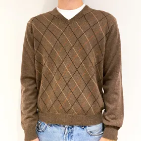 Men's Mocha Brown Diamond Pattern Cashmere V-Neck Jumper Large