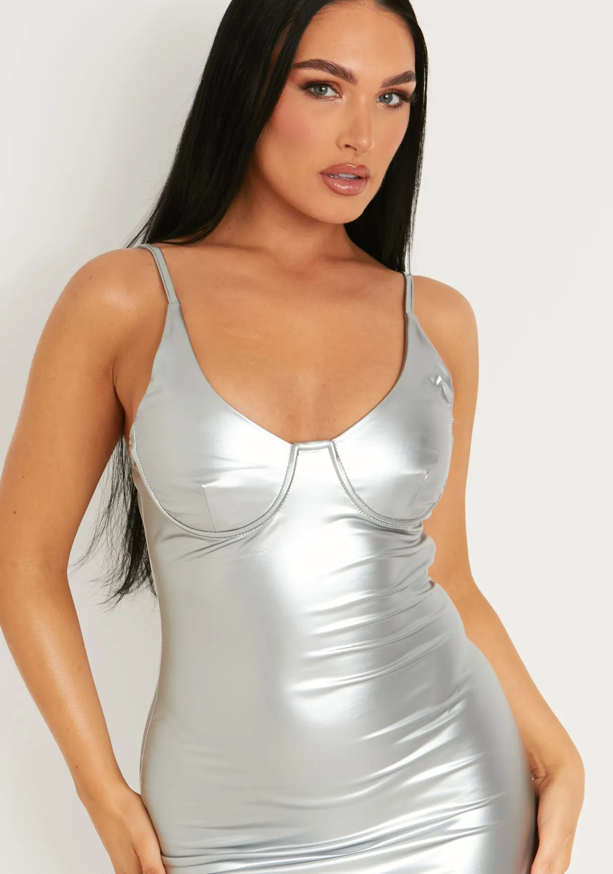 Mikayla Silver Leather Look Strappy Metallic Maxi Dress With Side Split