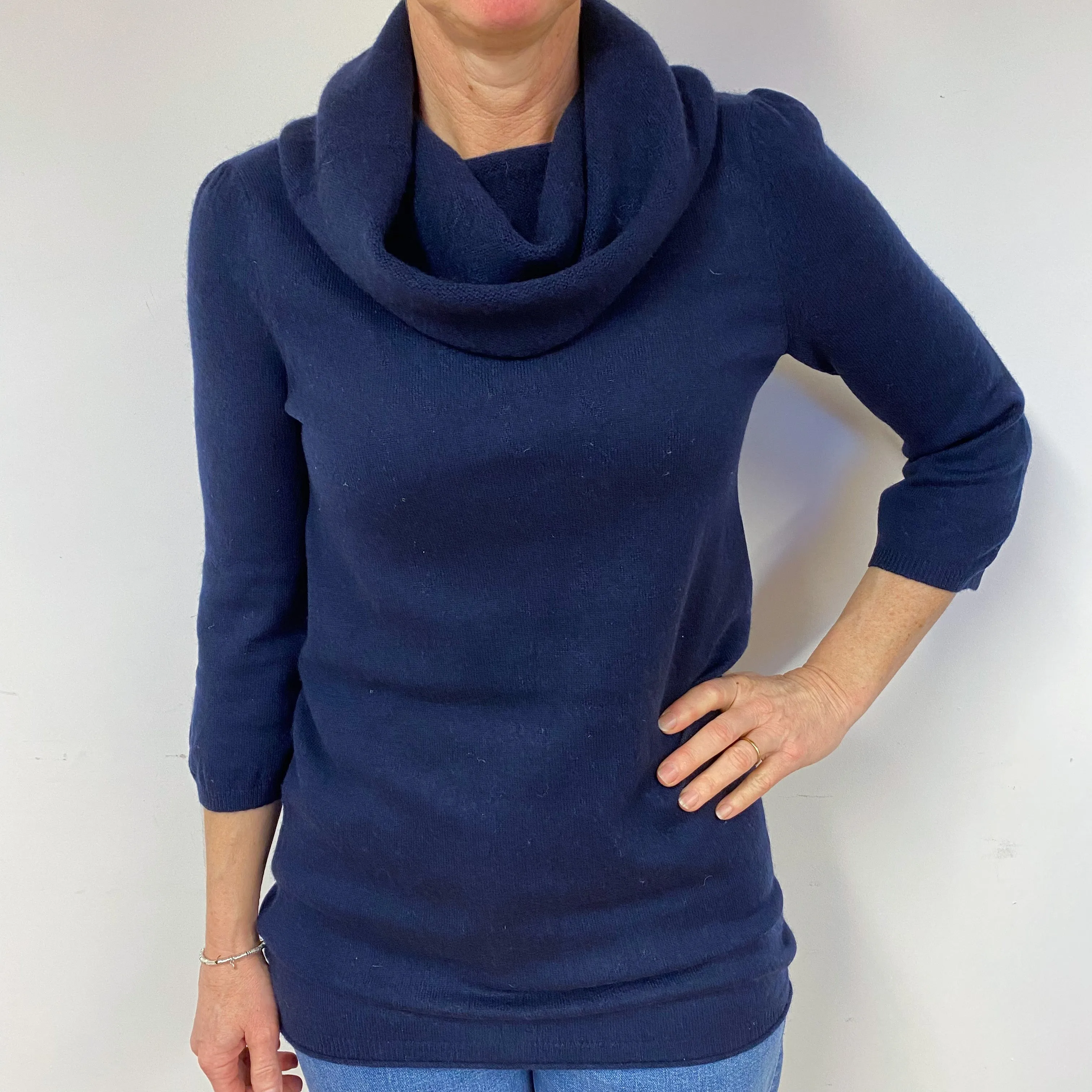Navy 3/4 Sleeve Cashmere Cowl Neck Jumper Medium
