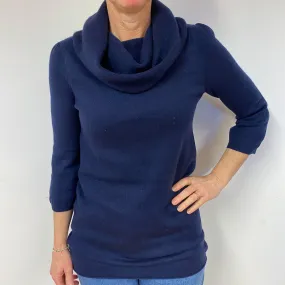 Navy 3/4 Sleeve Cashmere Cowl Neck Jumper Medium