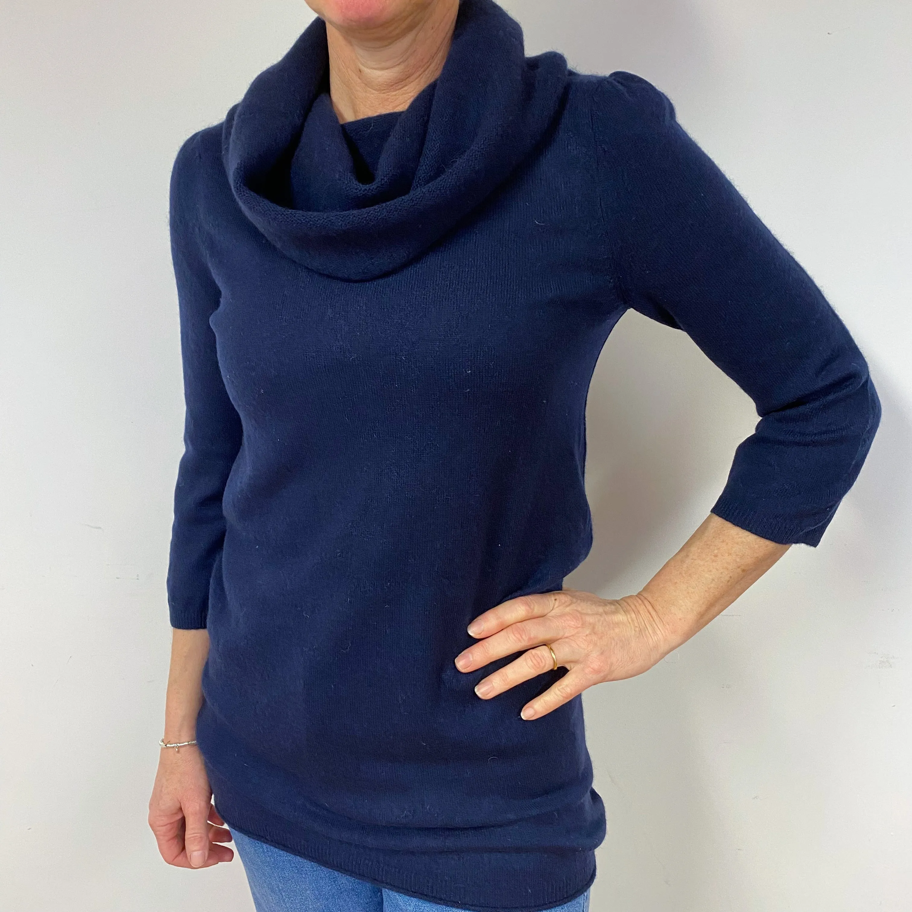 Navy 3/4 Sleeve Cashmere Cowl Neck Jumper Medium