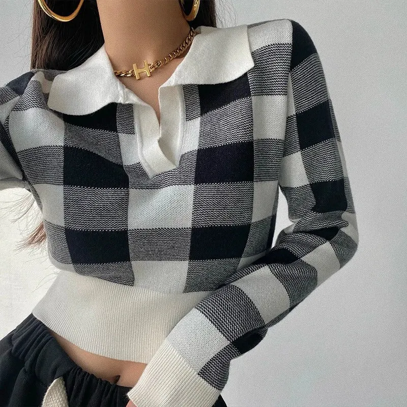 Ne-kd Sweater Polo | Eleganter, trendiger, karierter Damen-Polopullover mit V-Ausschnitt