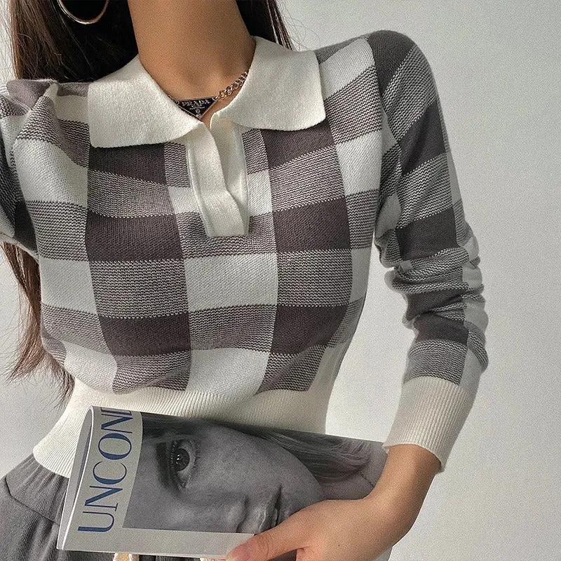 Ne-kd Sweater Polo | Eleganter, trendiger, karierter Damen-Polopullover mit V-Ausschnitt