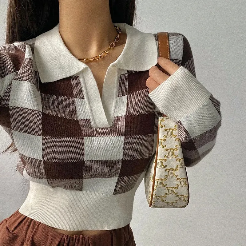 Ne-kd Sweater Polo | Eleganter, trendiger, karierter Damen-Polopullover mit V-Ausschnitt